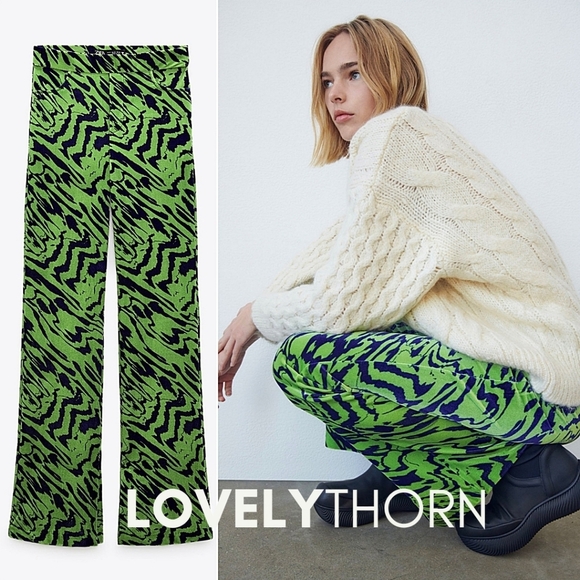 ZARA // retro-chic green blue velvet high waist straight slight flare pants - Picture 11 of 16